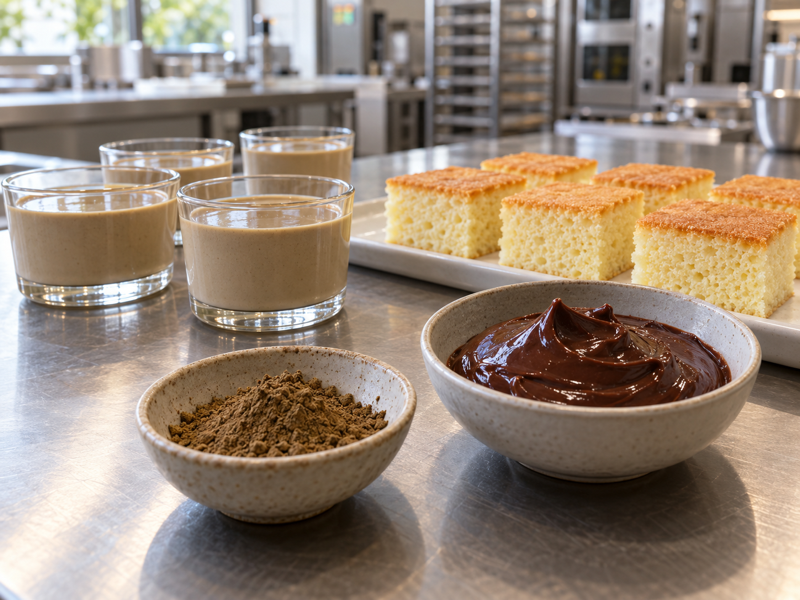 Hojicha desserts including panna cotta, cake and chocolate prototypes