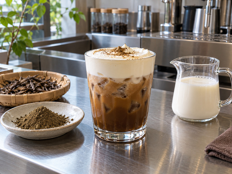 Hojicha einspanner with cream cap