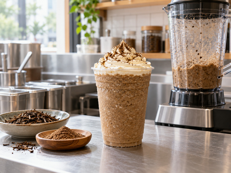 Hojicha frappe beside café blender