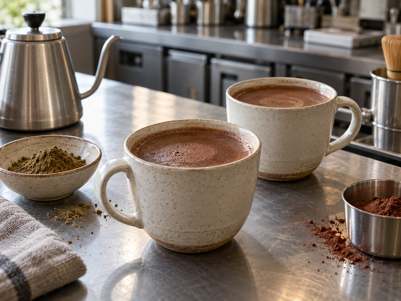 Two cups of hojicha hot chocolate beside roasted tea powder and cocoa on a café test bench