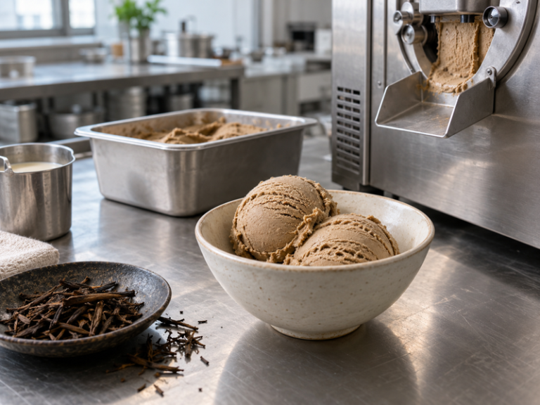 Scoops of hojicha ice cream beside a commercial ice cream machine and roasted tea leaves