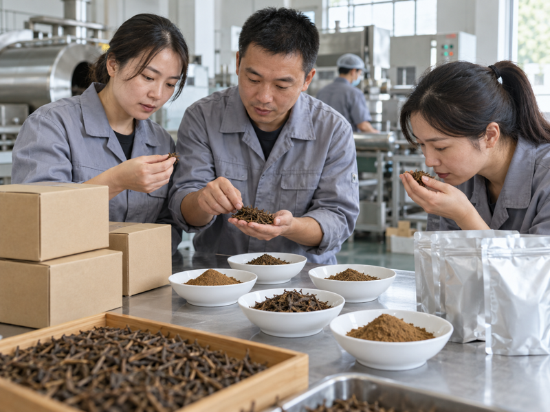 Roasted hojicha powder and leaves reviewed at a Chinese tea export product desk