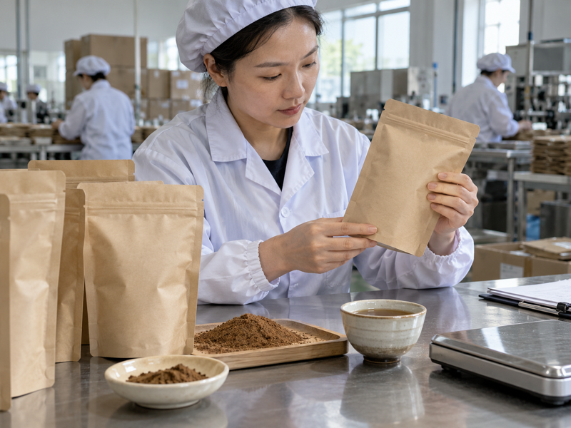 Hojicha powder and packaging mockups reviewed in a tea export quality control room