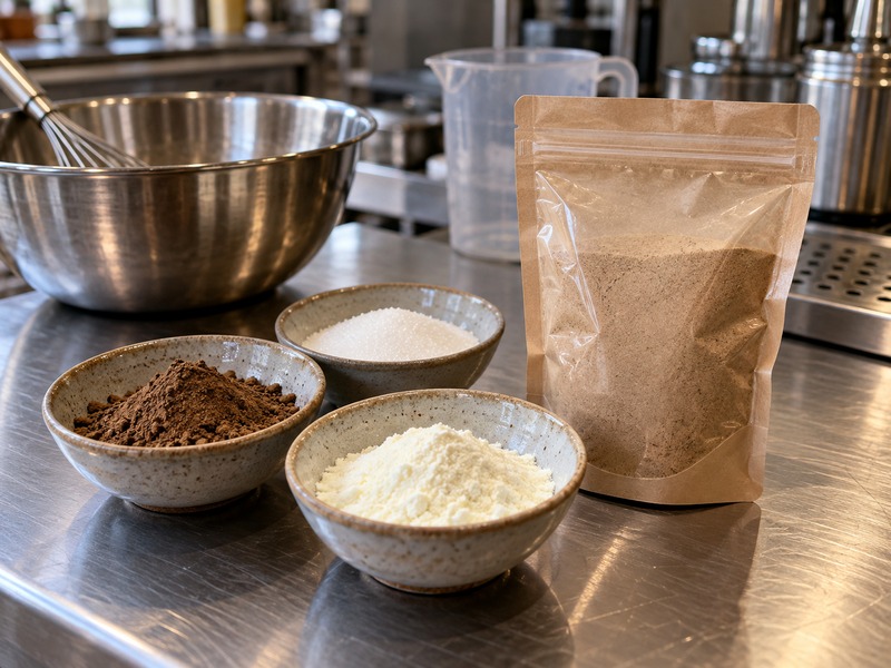 Hojicha latte mix ingredients on a blending bench