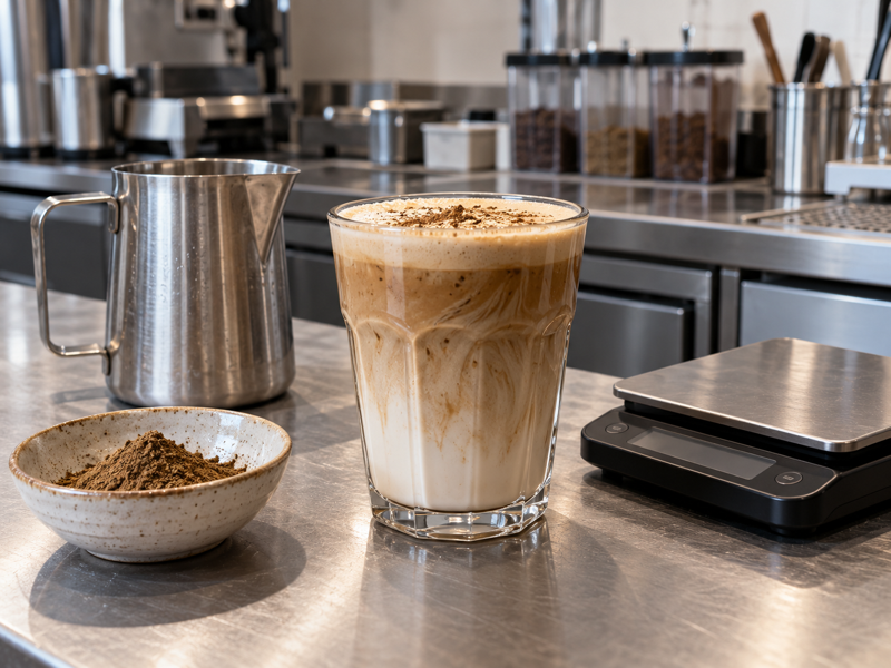 Hojicha latte with roasted tea powder and milk at a café station