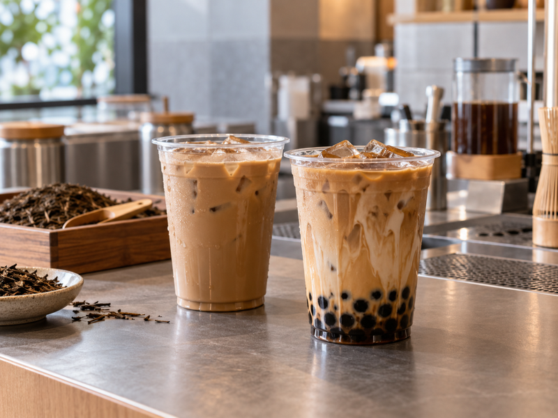Hojicha milk tea in a commercial tea test kitchen