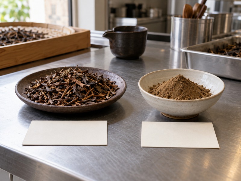 Hojicha samples beside blank product cards