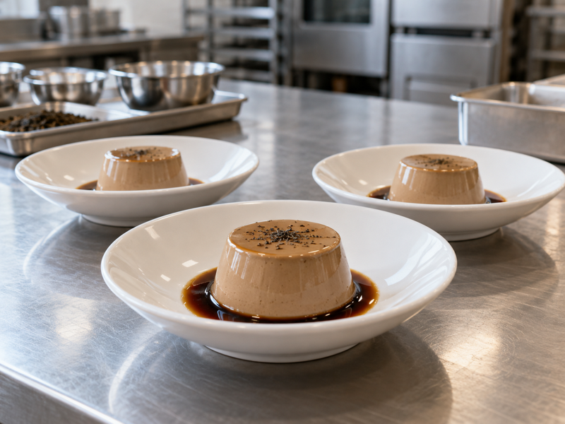 Three unmolded hojicha panna cottas with dark sauce and tea garnish in a commercial kitchen