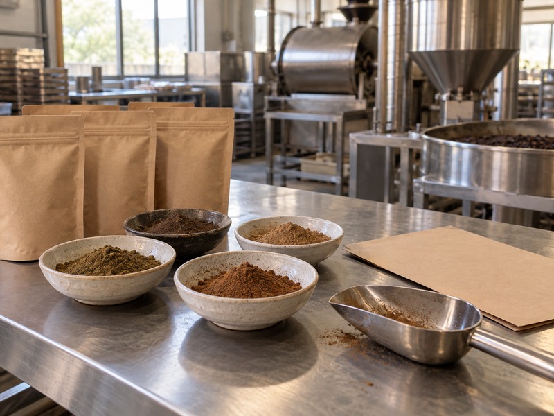 Unbranded hojicha powder samples at a factory