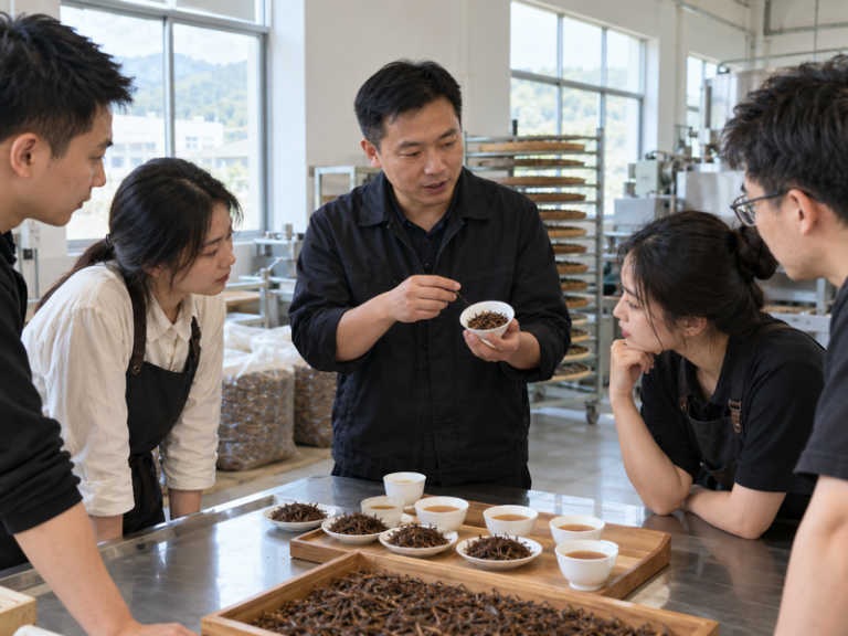 Chinese tea product team discussing a roasted hojicha sample in a professional training room