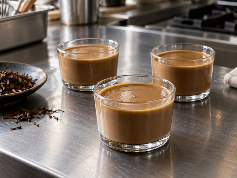 Hojicha pudding in a commercial tea test kitchen