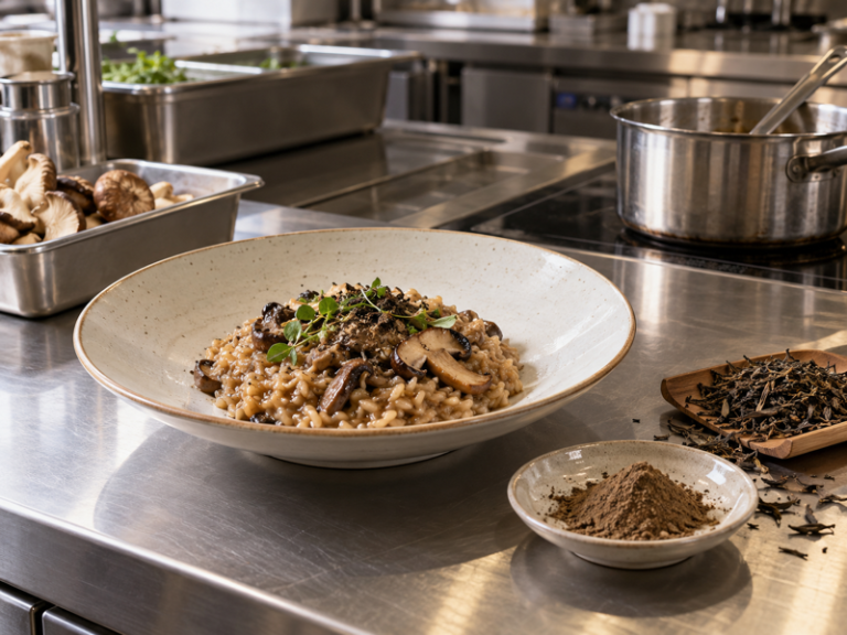 Mushroom risotto prepared with hojicha beside roasted tea leaves and powder in a professional kitchen