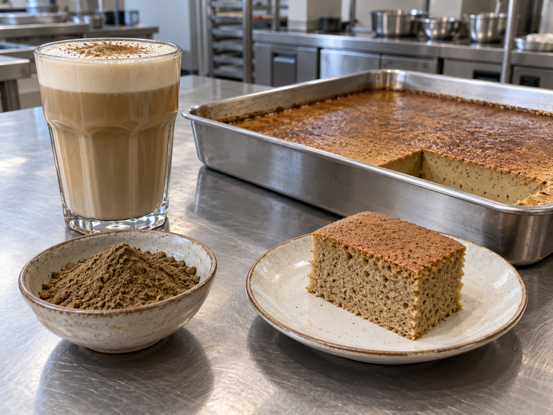 Hojicha recipes tested as drinks and desserts on a commercial kitchen counter