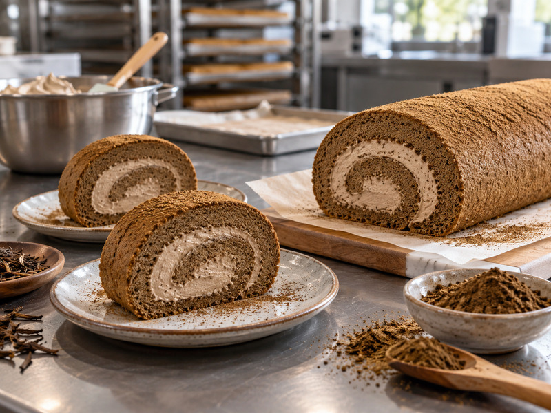 Sliced hojicha roll cake
