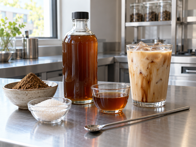 Hojicha syrup, roasted tea powder and an iced café drink on a worktop
