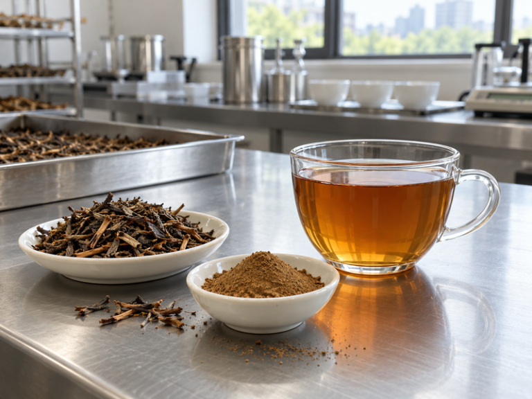 Clear cup of brewed hojicha tea beside roasted tea leaves and powder on a commercial kitchen counter