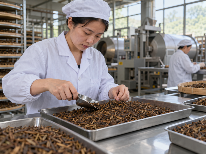 Roasted hojicha leaves and stems inspected on a tea factory sorting table