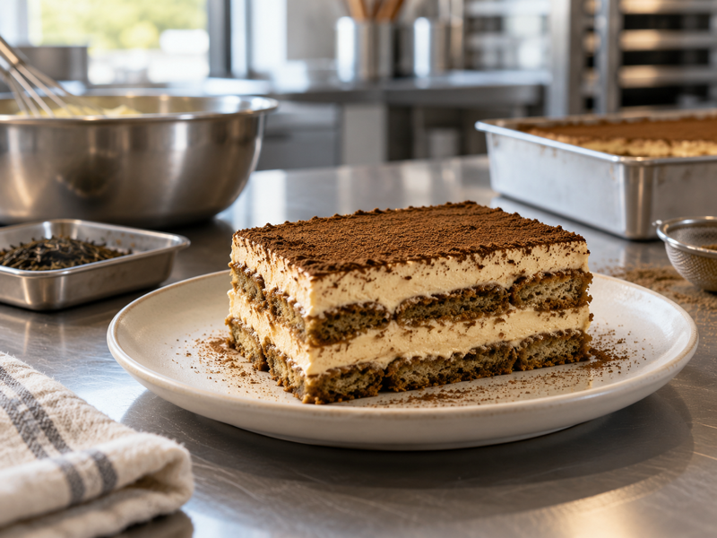 Hojicha tiramisu in a commercial tea test kitchen