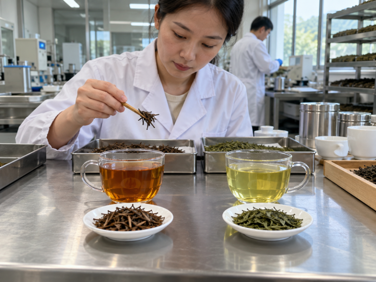 Amber hojicha and pale green tea infusions compared beside their loose leaves