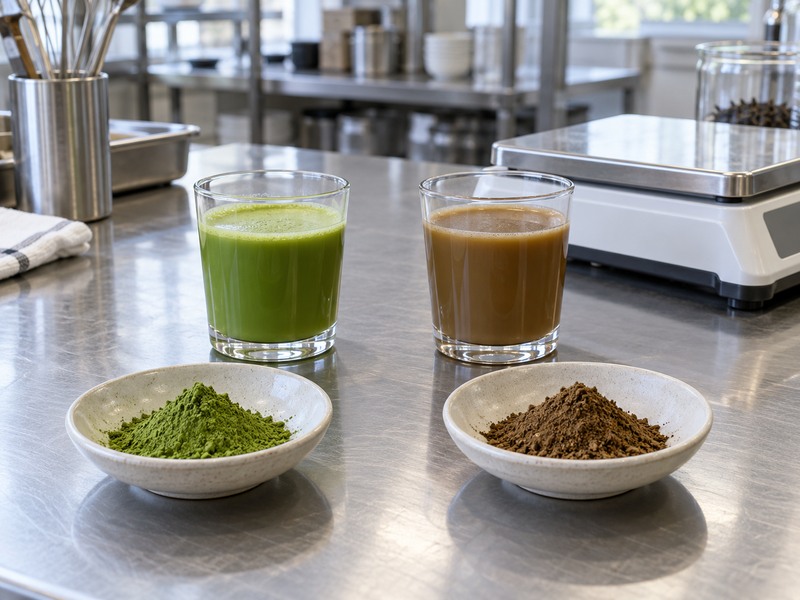 Matched green matcha and brown hojicha samples in a mainland China R&D kitchen