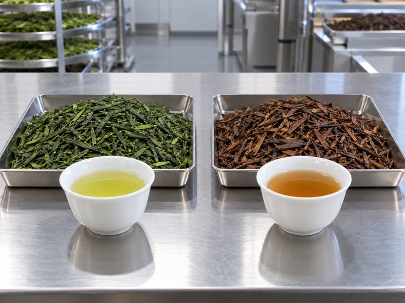 Hojicha vs sencha tea leaves and two comparison cups