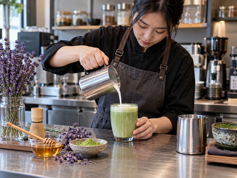Barista measuring honey lavender syrup for a honey lavender matcha latte