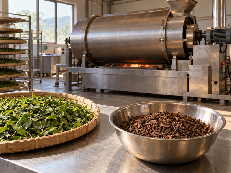 Hojicha leaves beside a tea roaster