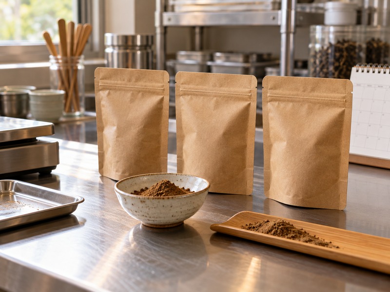 Sealed hojicha powder samples for shelf-life review