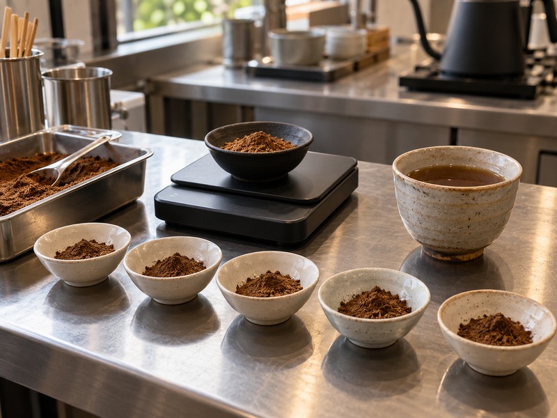 Measured hojicha powder portions for a cup trial