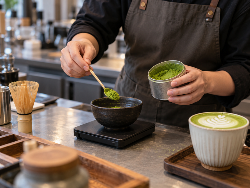 barista weighs tea powder to answer how much matcha do cafes use
