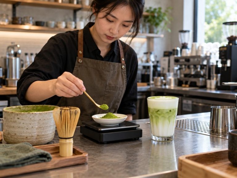 A cafe manager weighs matcha powder beside sealed stock for drink and inventory planning