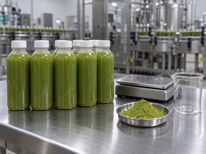 Unlabeled matcha drink prototypes in a factory quality-control area