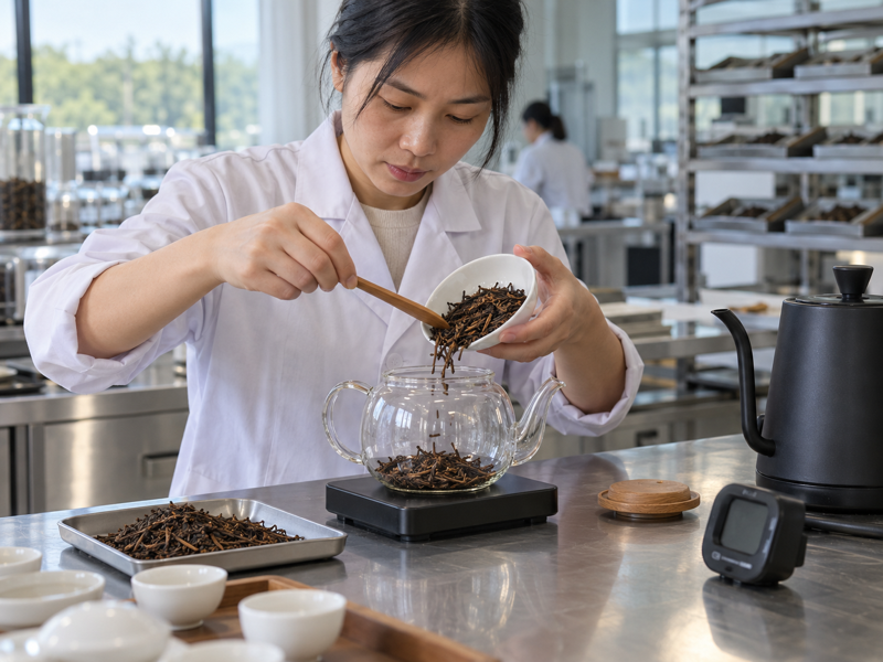 Barista brewing loose roasted hojicha with a clear teapot in a professional tea lab