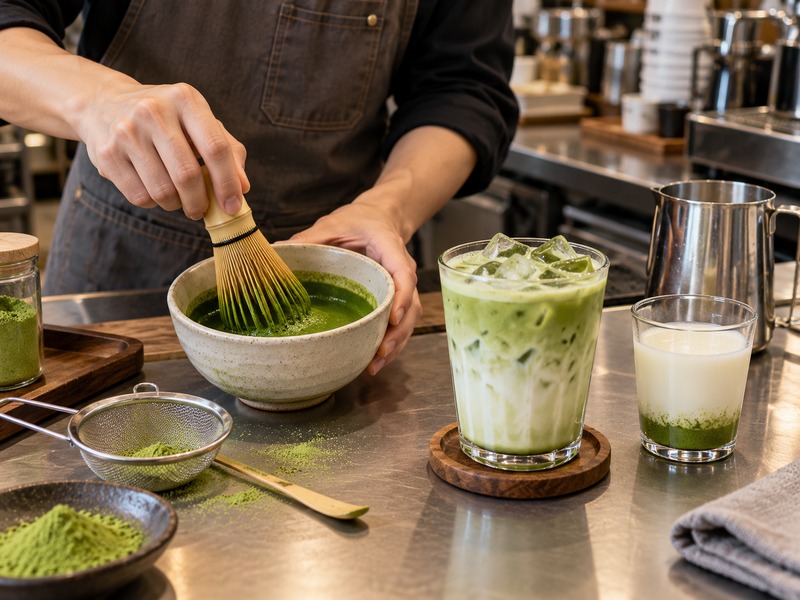Barista whisking matcha concentrate beside an even iced latte and a test glass with settled matcha
