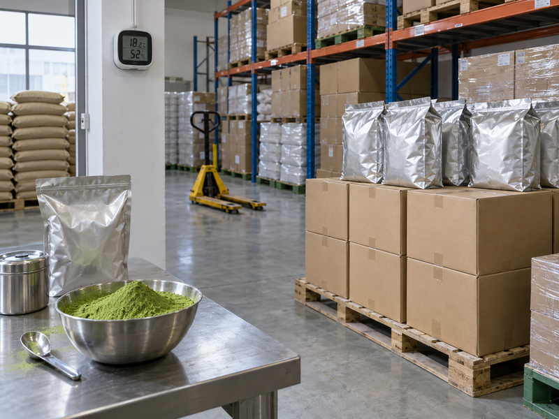 How to store bulk matcha in sealed pouches and cartons in a clean food warehouse