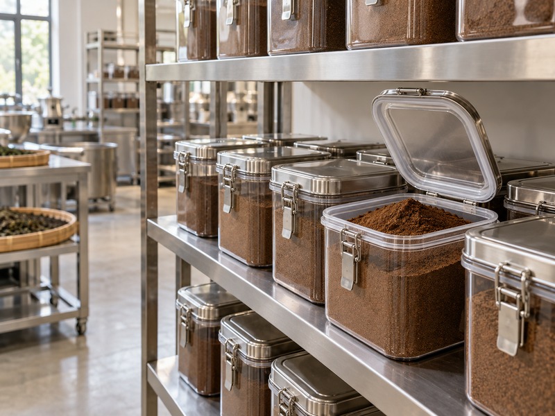 Hojicha powder containers in a dry storage room