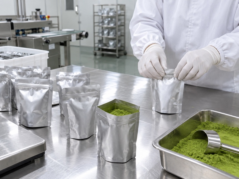 Bulk matcha pouches in a Chinese food factory packaging room