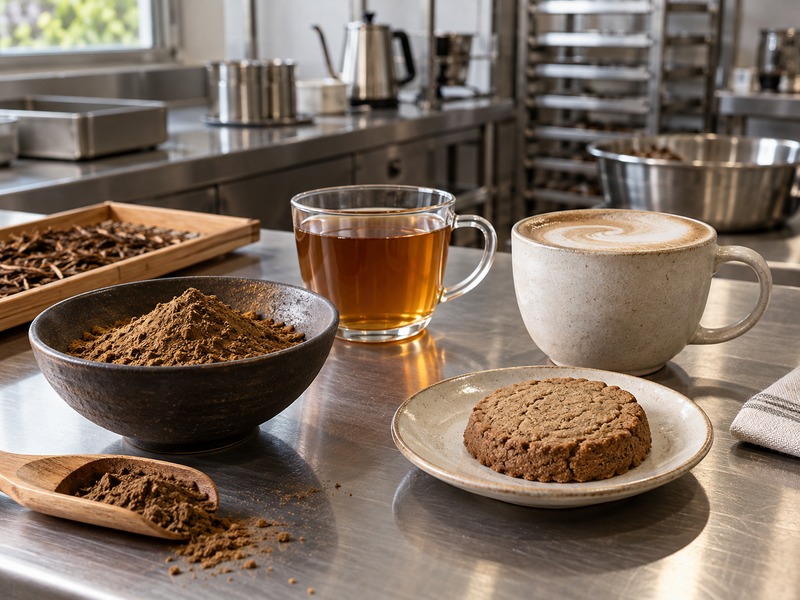 Hojicha powder beside several application samples