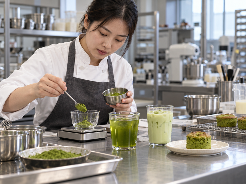 Adult product developer tests matcha drinks and baked samples in China