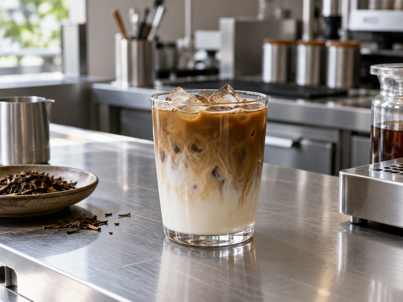 Iced hojicha latte in a commercial tea test kitchen