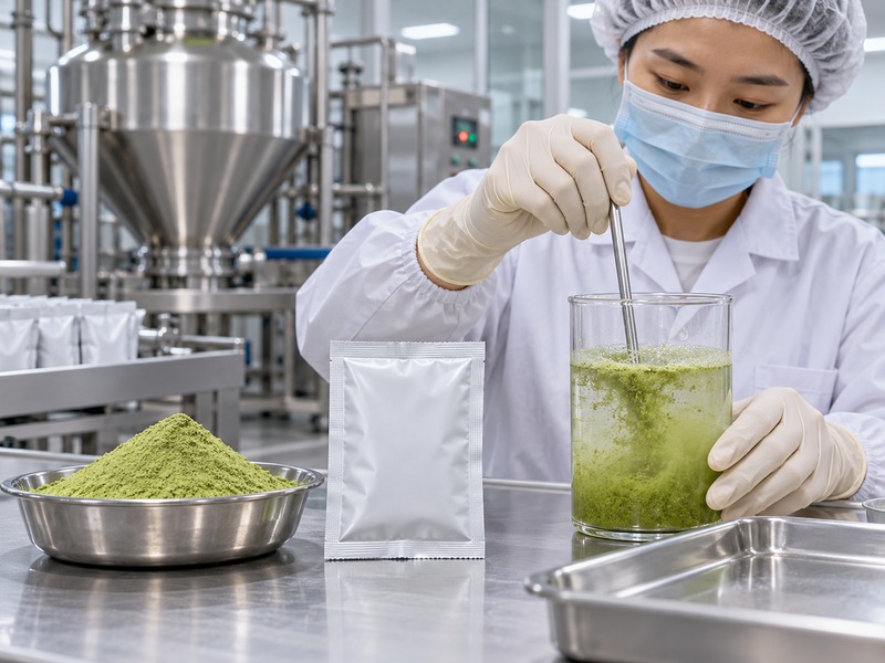 Instant matcha latte powder sachet filling trial in a mainland China beverage powder factory