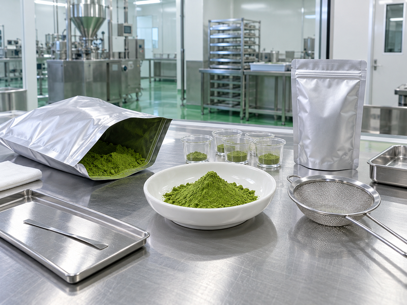 An open matcha sample pouch, green powder, and sieve illustrate the buyer's question: is bulk matcha powder good?