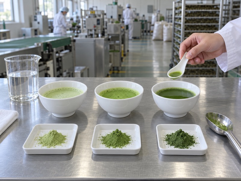 Matcha powder and prepared cups in a Chinese factory sensory evaluation area