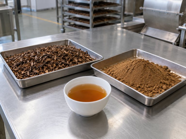 Japanese hojicha leaf, powder, and amber tea on a professional tea inspection bench