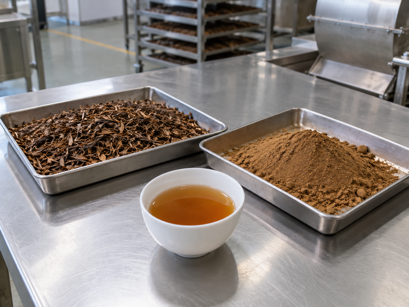 Japanese hojicha leaf, powder, and brewed tea on a professional inspection bench