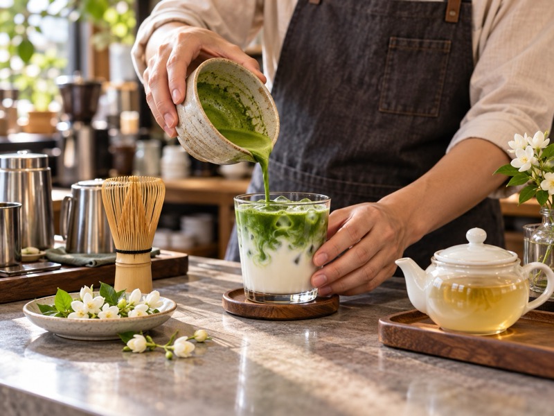 Café barista preparing jasmine matcha latte beside jasmine tea