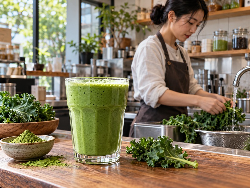 Foodservice preparation of a kale matcha smoothie with weighed greens and fruit