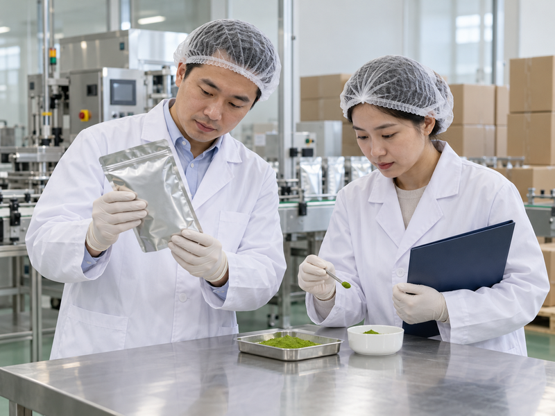 Factory quality specialist reviews unbranded matcha powder packs and blank documents