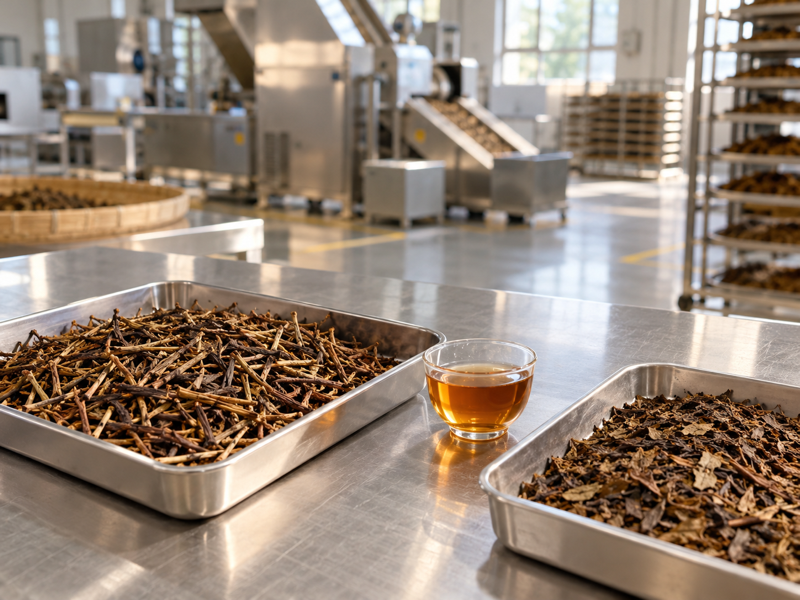 Kuki hojicha roasted tea stems examined on a professional tea inspection bench