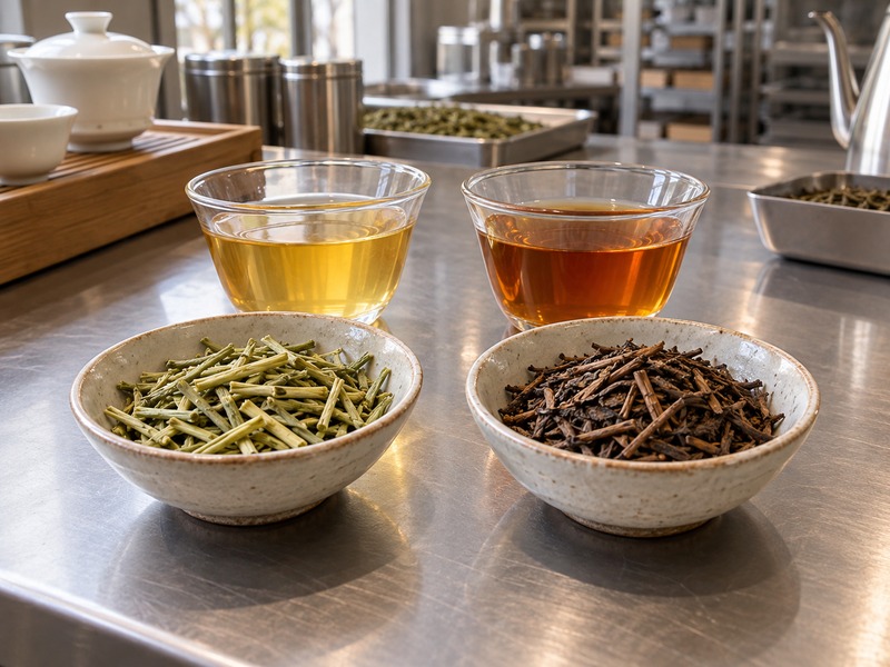 Kukicha stems beside roasted hojicha leaves